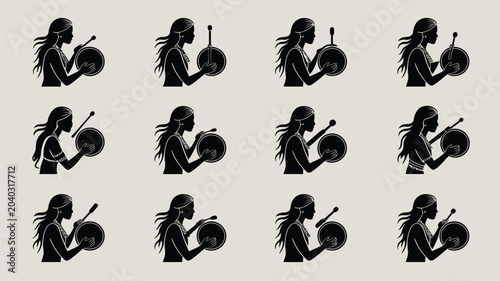 Foto Native woman playing shamanic frame drum silhouette collection in various rhythmic poses