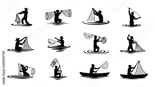 Tableau sur toile Fisherman with net vector set, silhouette illustration of people fishing on water