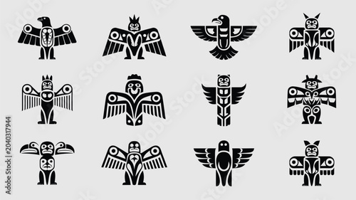 Native american tribal totem poles vector set art symbols.