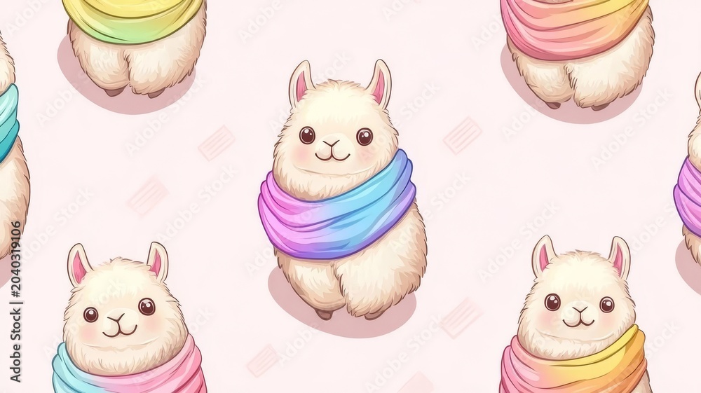 Fototapeta premium Seamless pattern of cute fluffy llamas wearing colorful scarves for whimsical nursery decor and fabric design background.