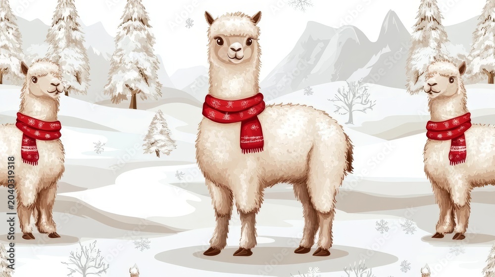 Fototapeta premium Cute white llamas wearing red scarves in snowy winter forest landscape illustration design.
