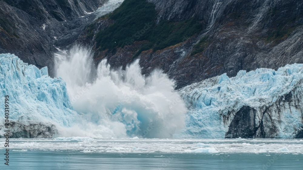 Naklejka premium Glacier calving with immense force generating large water waves
