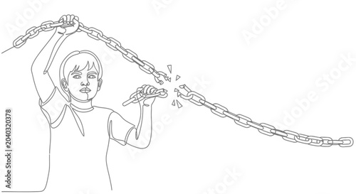 Obraz na plátne Young Person Breaking Free From Broken Chain, Continuous Line Art