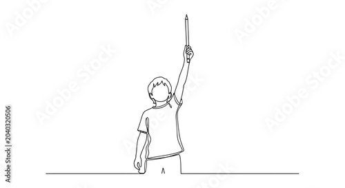 Tableau sur toile Boy holding pencil up high, single line drawing, inspiration, creativity, learni
