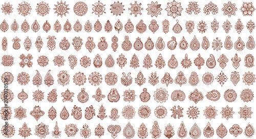 Cuadro en lienzo Henna mandala vector set, brown paisley floral ornaments, traditional indian meh