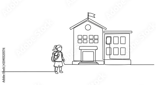 Child with backpack walks to school building, one line drawing