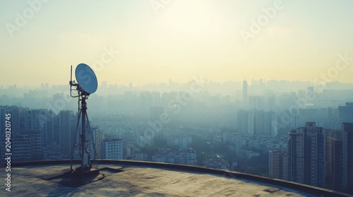 A signal booster antenna on a rooftop looking over a city