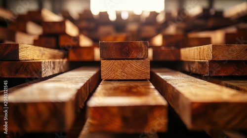 Close up view of freshly sawn hardwood planks arranged in rows