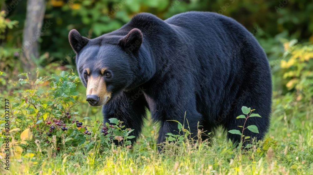 Fototapeta premium Black Bear Foraging For Berries in a Green Forest Environment