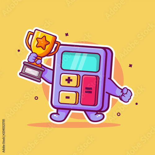 Cute calculator cartoon character mascot holding a golden trophy. Accounting success, math competition champion, and financial achievement concept illustration
