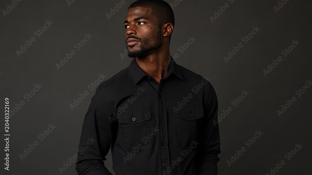 Obraz premium Contemplative Young Man Black Shirt Portrait