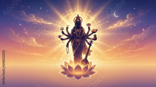 Gayatri Jayanti gradient banner with goddess silhouette and celestial golden light