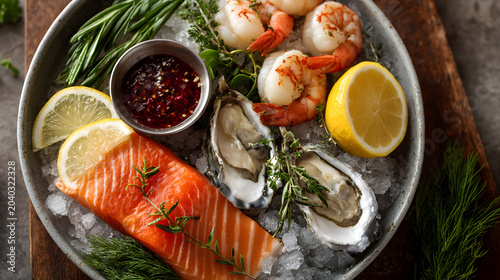 Fresh Seafood Platter with Salmon, Shrimp, and Oysters