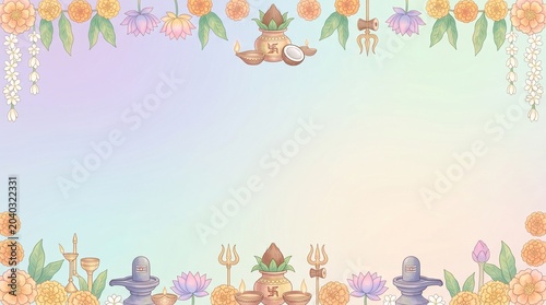 Kharchi Puja pastel gradient with floral decorations and sacred ornaments, elegant composition