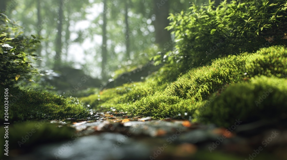 Fototapeta premium Serene Woodland Path: Close-up view of the Green Mossy Ground and Foliage