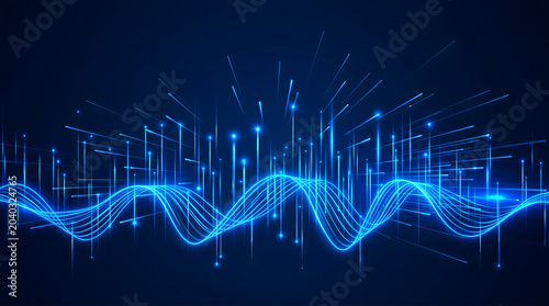 Glowing blue neon waveform with radiant lines and sparks on dark background conveying technology and innovation