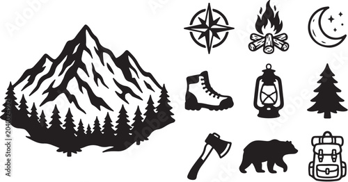 Camping and hiking icons and mountain landscape