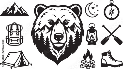 Camping Adventure Bear Wilderness Survival Icon Set Graphic