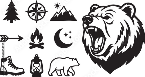 Wild Nature Adventure Bear Camping Wilderness Survival Icons