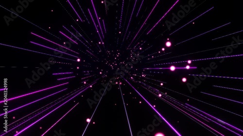Futuristic 4K seamless motion loop showcasing a deep fiber optic data tunnel. Radiant parallel light paths curve smoothly at a 90-degree angle, reflecting off the water puddle floor below.
