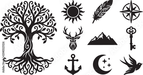 Collection of symbolic black and white icons