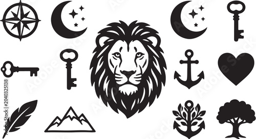 Lion Head with Various Symbolic Icons Around It