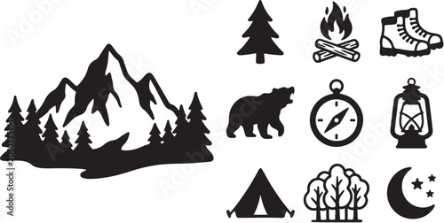 Camping and hiking icons in black silhouette style