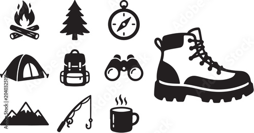 Camping and hiking adventure icons and symbols set