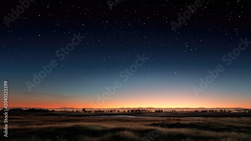 Twilight Serenity: A vast, calm expanse of water under a sky transitioning from deep blue to warm orange, with a distant, glowing horizon. The starry night begins to emerge.