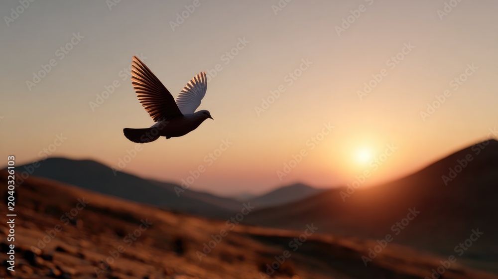 Naklejka premium Ascension of Hope: A lone dove soars gracefully against a breathtaking sunset, its wings spread wide in a symbolic flight of freedom and peace over rolling hills.
