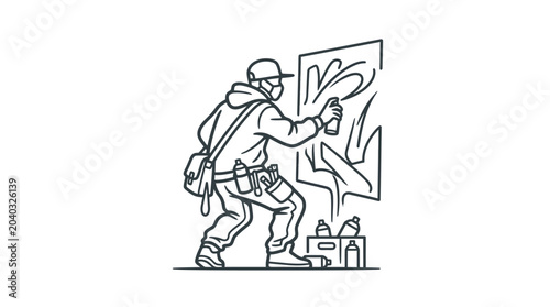 Foto Graffiti artist wearing mask spray painting on a wall.