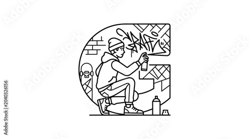 Foto Graffiti artist painting mural inside a large letter G.