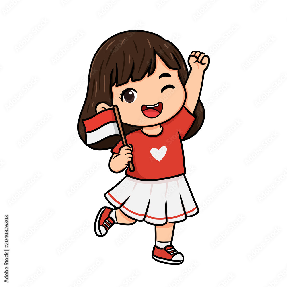 Fototapeta premium Girl Waving Indonesian Flag