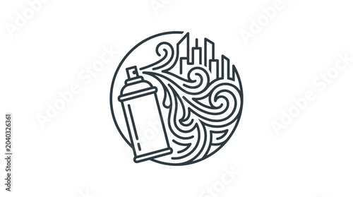Fotografie Circular emblem featuring spray paint can and city skyline.