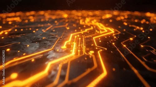Glowing orange circuit board lines on a dark textured background
