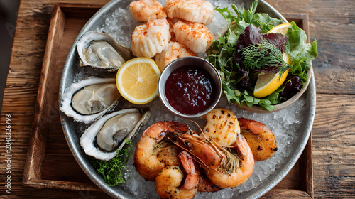 Gourmet Seafood Platter on Ice with Oysters and Shrimps