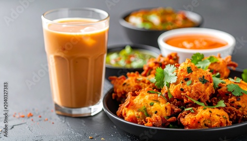 Vegetable pakoras with spicy chutneys and a refreshing iced masala chai, warm and cool contrast, high detail