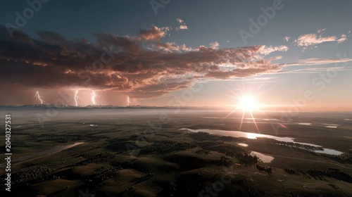Stormy Skies at Sunset: Dramatic lightning illuminates distant storm clouds on the horizon as the sun sets, casting a golden glow over a serene landscape of lakes and fields.