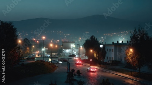 Nightfall in the Cityscape: A captivating nighttime city scene unfolds, with streaks of car headlights illuminating the dark streets and distant lights twinkling like stars on a tranquil evening.