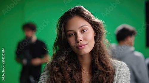 Young Woman in Green Screen Studio: A beautiful young woman with long, wavy brown hair gazes forward with a gentle smile.