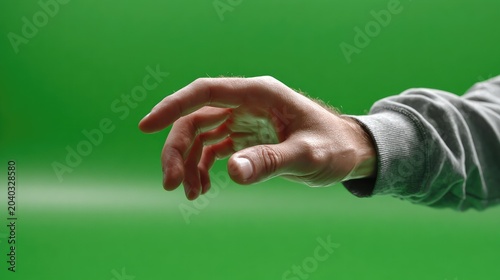 Hand Reaching Out: A close-up shot of a human hand reaching forward against a vibrant green background, suggesting a gesture of connection or grasping.