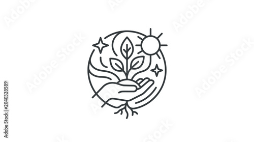 Hand holding growing plant sprout circle icon.