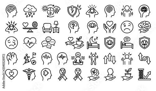 Tableau sur toile Psychology and mental wellness thin line icon collection with emotional health s