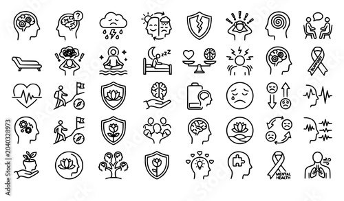 Photos Mental health outline icon set with psychology therapy and emotional wellness sy