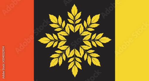 Obraz na plátne Orange, yellow, and black background with a symmetrical yellow leaf pattern