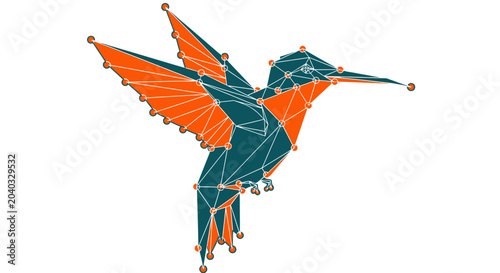 Foto Geometric hummingbird with teal and orange polygonal wings and body