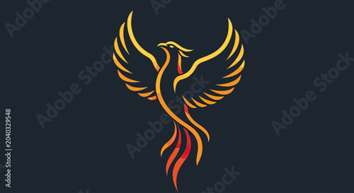 Bild auf Leinwand Stylized golden-orange phoenix with flowing wings and tail against dark backgrou