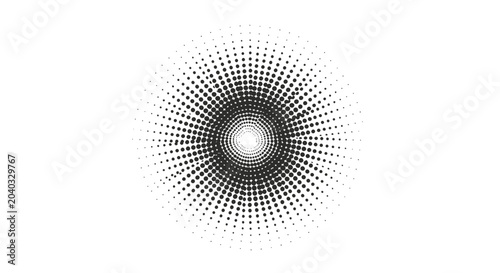 Black dots radiate outward from a central void, forming a dynamic circular pattern