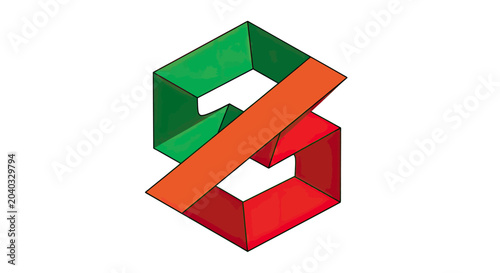 Geometric optical illusion with interlocking green, orange, and red segments