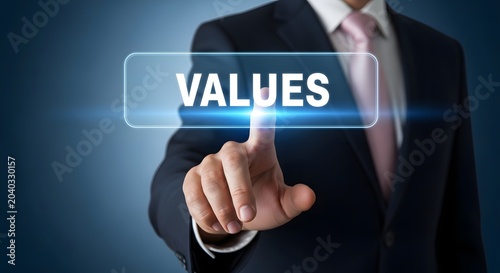 Values concept businessman pressing button for core values and business ethics